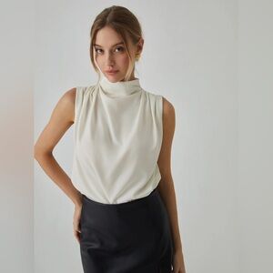 Commense Cream Sleeveless Mock Neck Top
